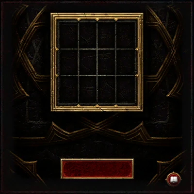 In-game Horadric Cube tutorial panel: ingredient grid above, red transmutation button below and recipe-book icon at bottom right